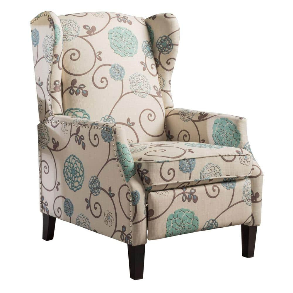 Noble House Allan Standard Fabric Wingback Pushback Recliner, Light Beige