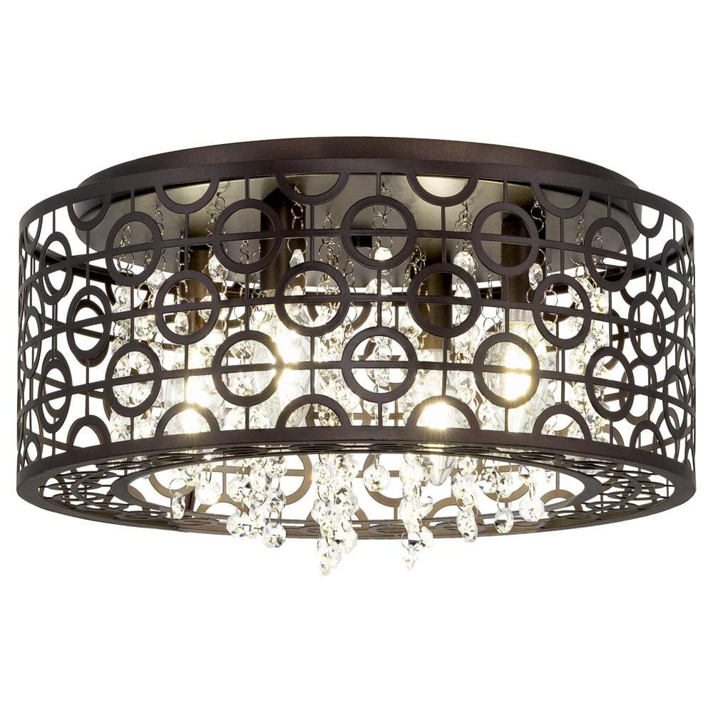 Kira Home Brielle 15" Chic 4-Light Crystal Flush Mount Chandelier + Round Metal Shade, Dimmable, Oil Rubbed Bronze