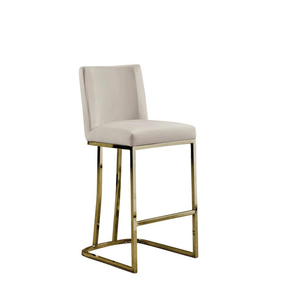 Velvet Counter Height Chairs in Beige Cream Velvet and Gold Chrome (Set of 2)