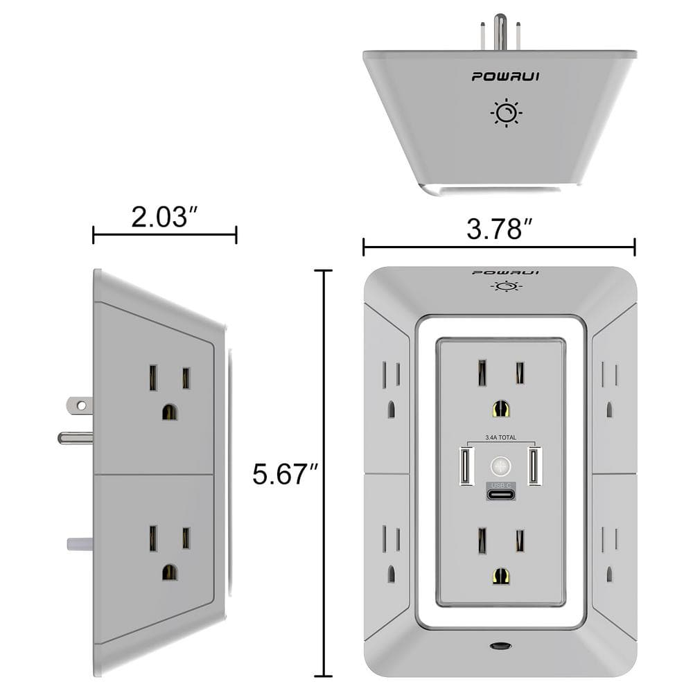 POWRUI Power Strip Surge Protector - 6 AC Outlets With 3 USB Ports (1 USB C), Night Light, 3-Sided Multi Plug Wall Extender With Spaced Outlets - Grey, ETL Listed