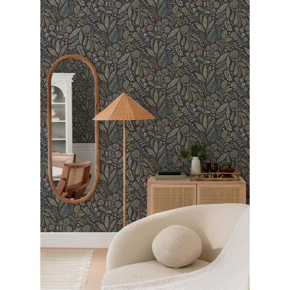 Briar Charcoal Floral Wallpaper with Colorful Detailing