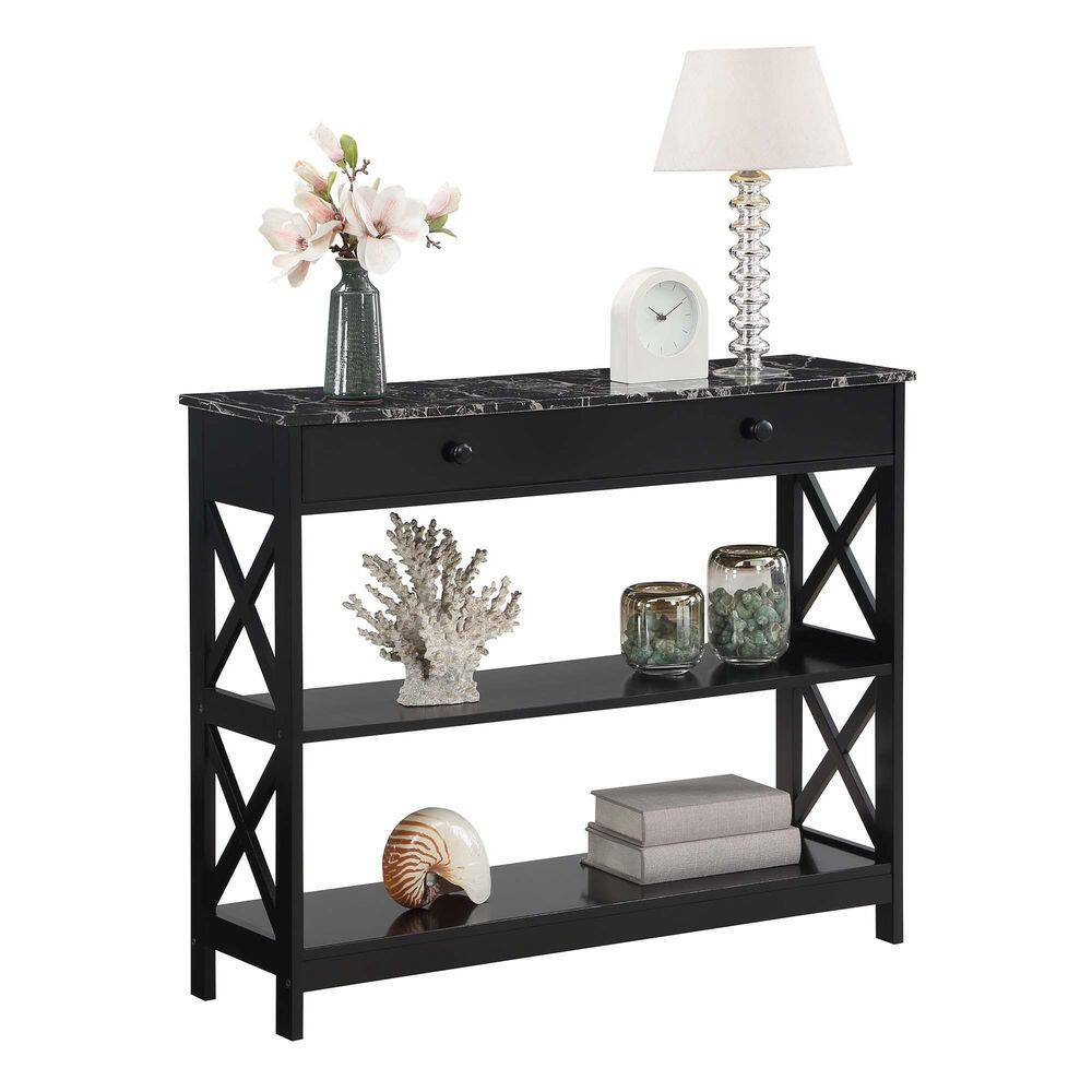 TiaGOC 1 Drawer Console Table with Shelves, Black Faux Marble/Black