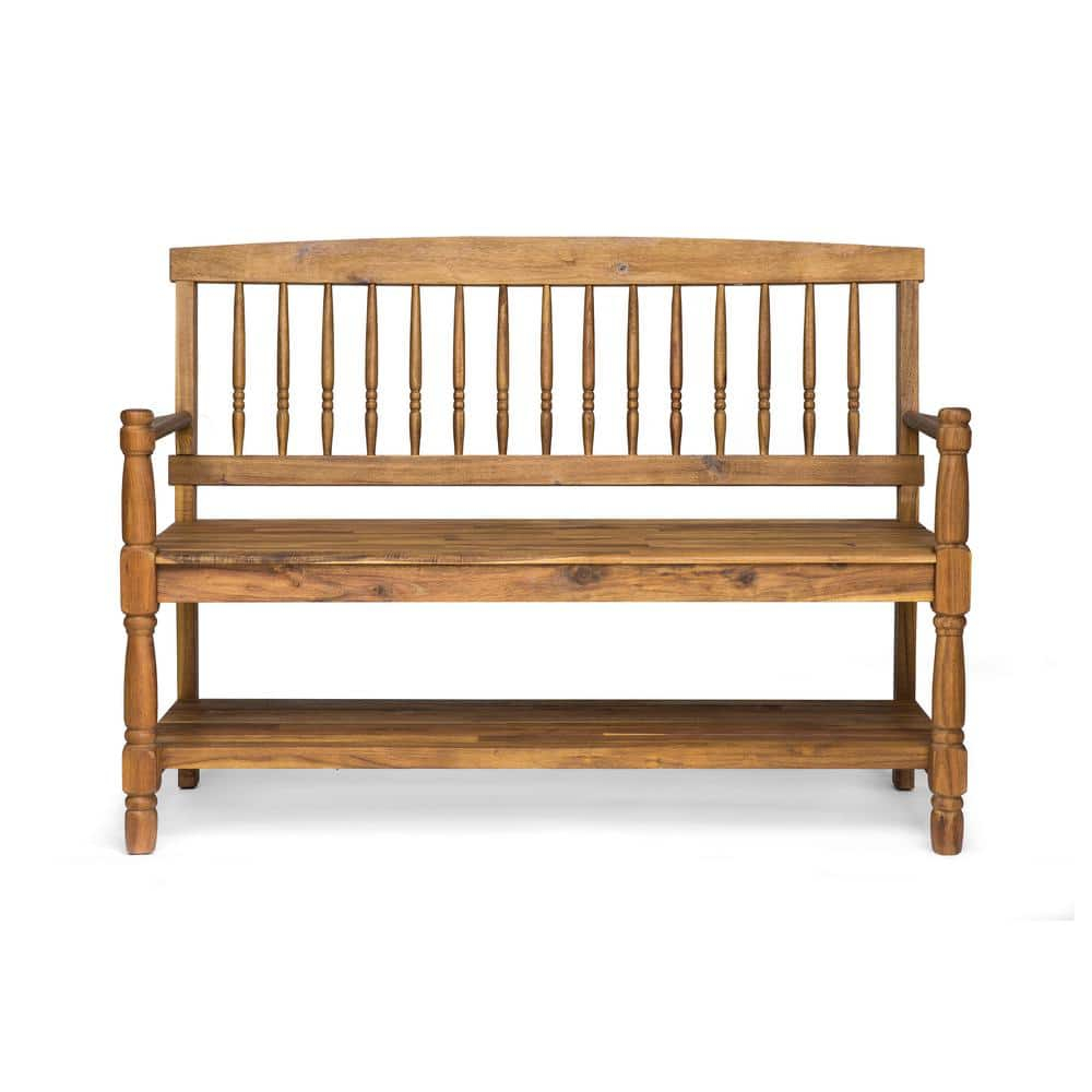 Larry Outdoor Rustic Acacia Wood Bench with Shelf, Teak