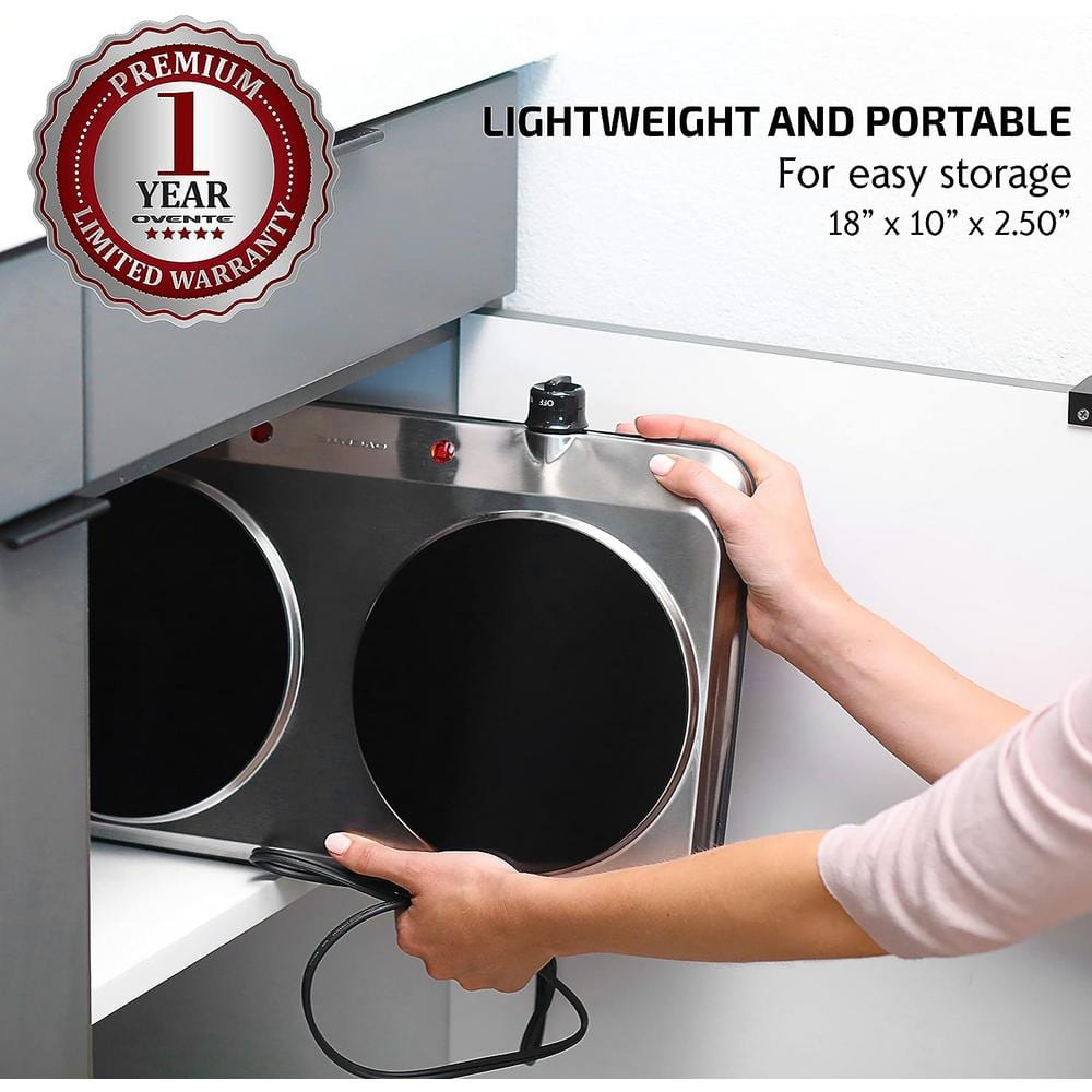 Portable Infrared Double Burner with 1500W Electric Hot Plate, 7.5" Ceramic Glass Cooktop, 6 Level Temperature Control, Easy To Clean Base - Silver BGI202S