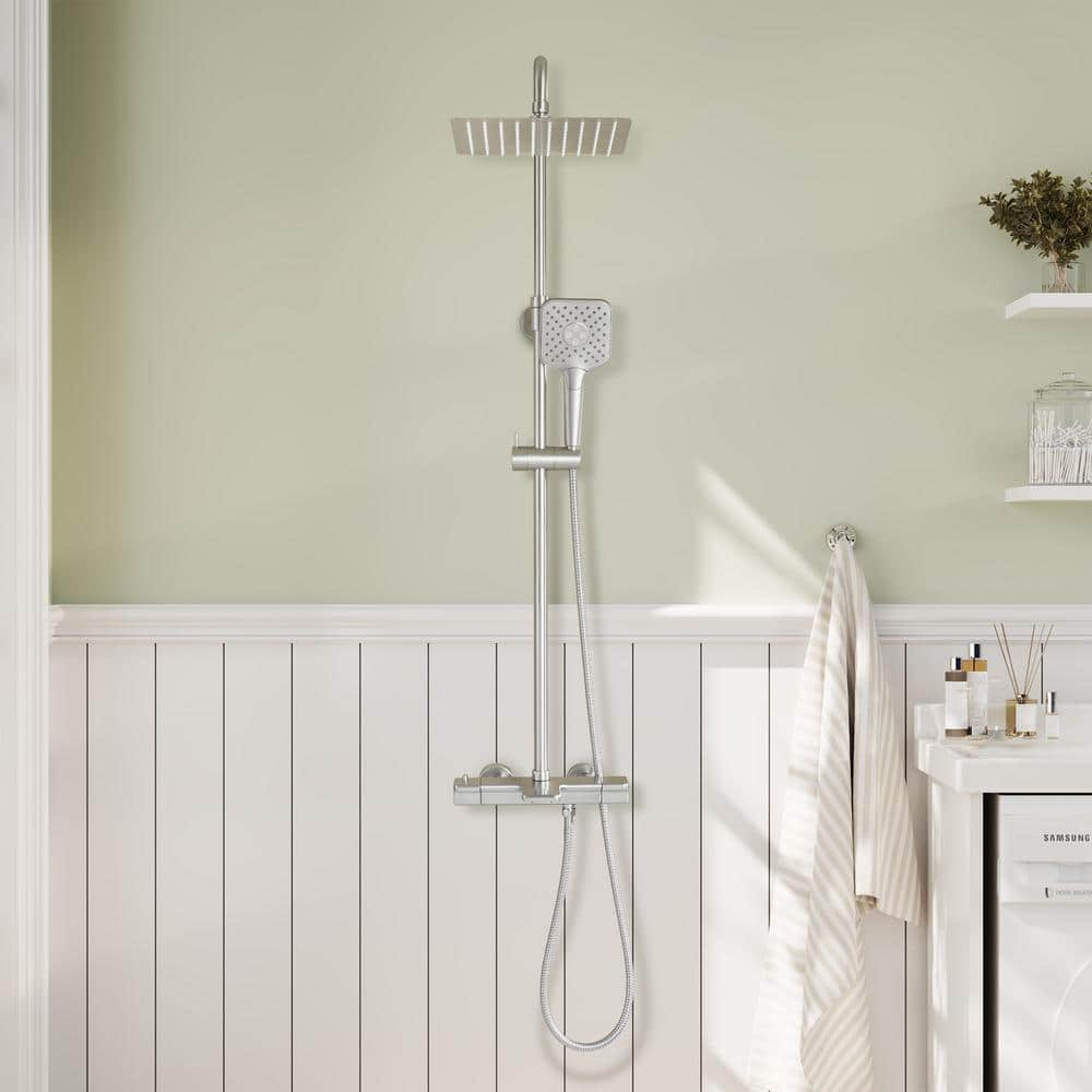 4-Spray Patterns 9.8 in. Thermostatic Tub Wall Mount Dual Shower Heads Shower Faucet in Brushed Nickel