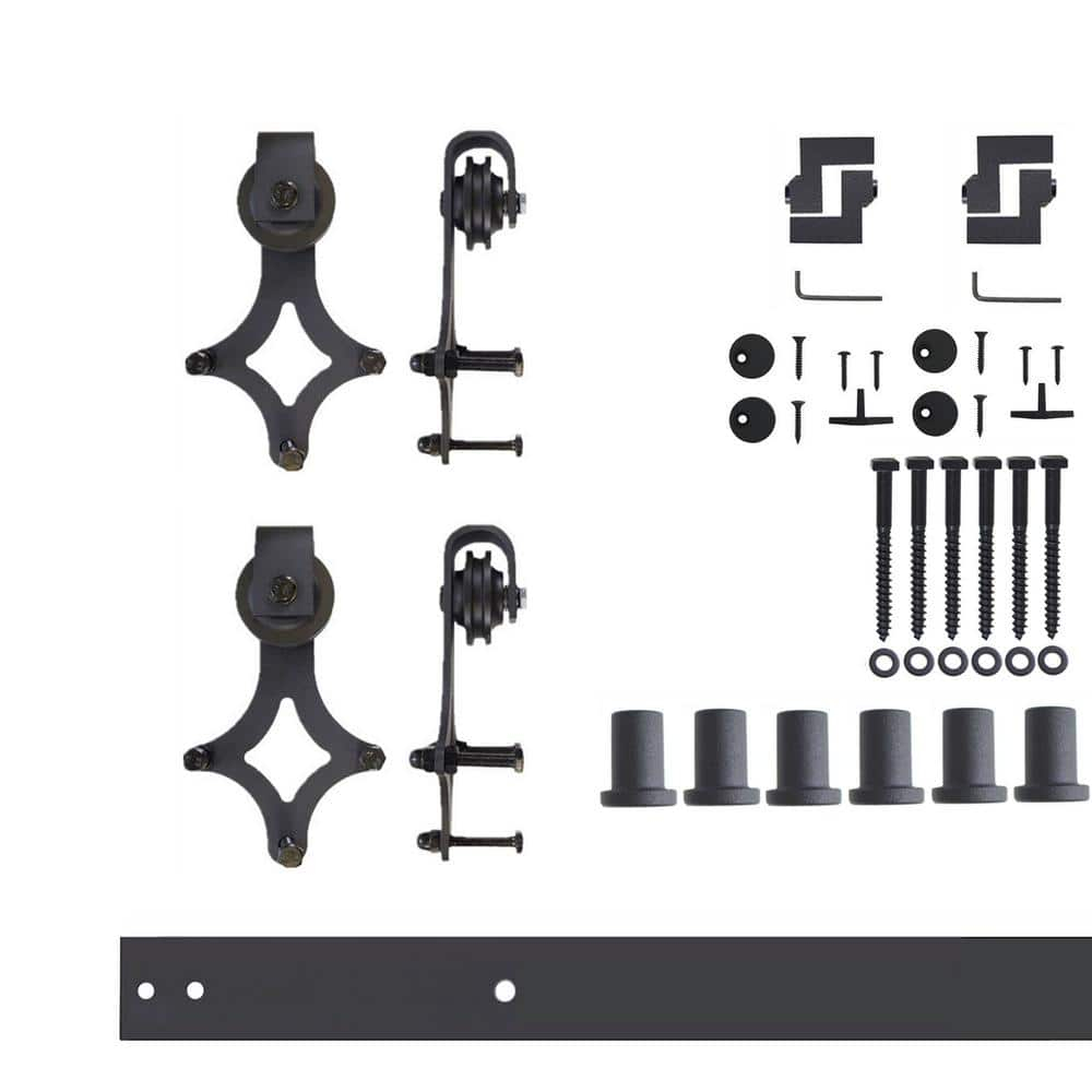 Homacer Black Rustic Sliding Barn Door Hardware Kit, for Two/Double Doors, 8ft Long Flat Track, Diamond Design Roller, Heavy Duty, for Interior & Exterior Use