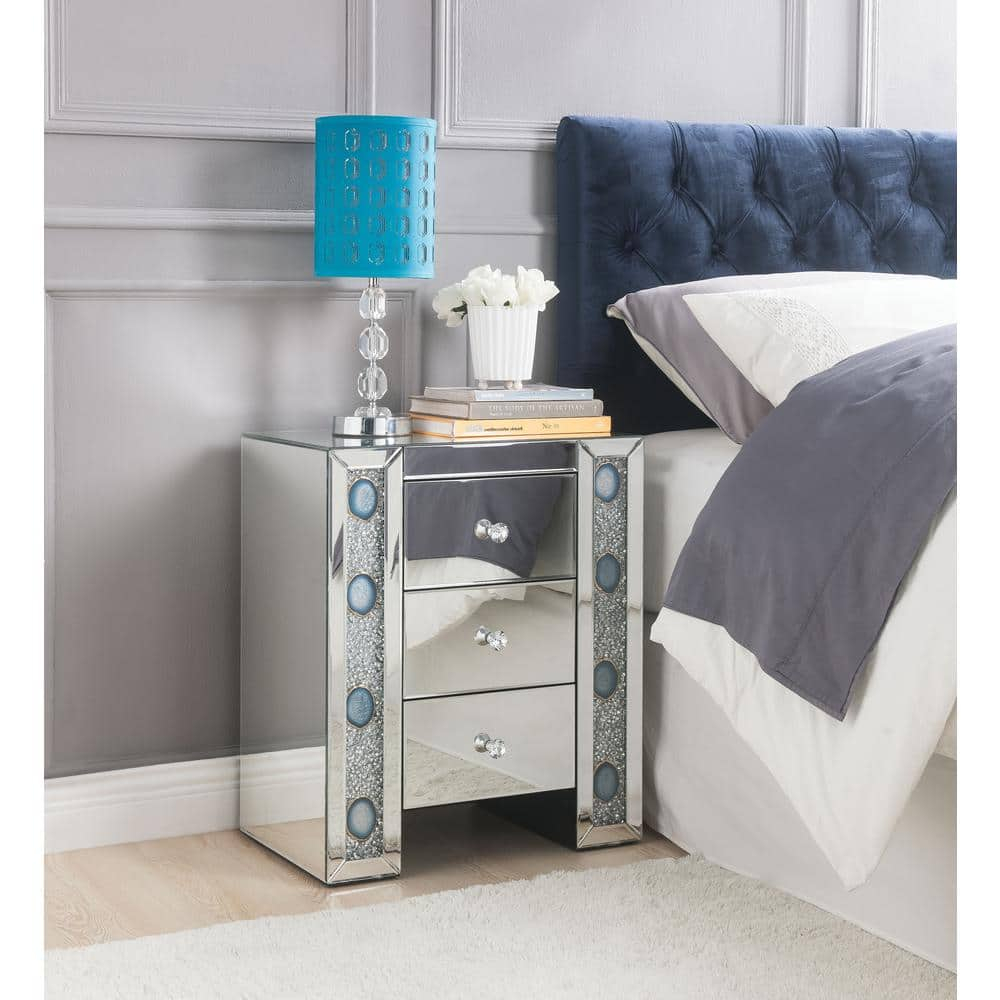 ACME Sonia 3-Drawers Mirror and Wood Nightstand in Mirrored/Faux Agate Stone
