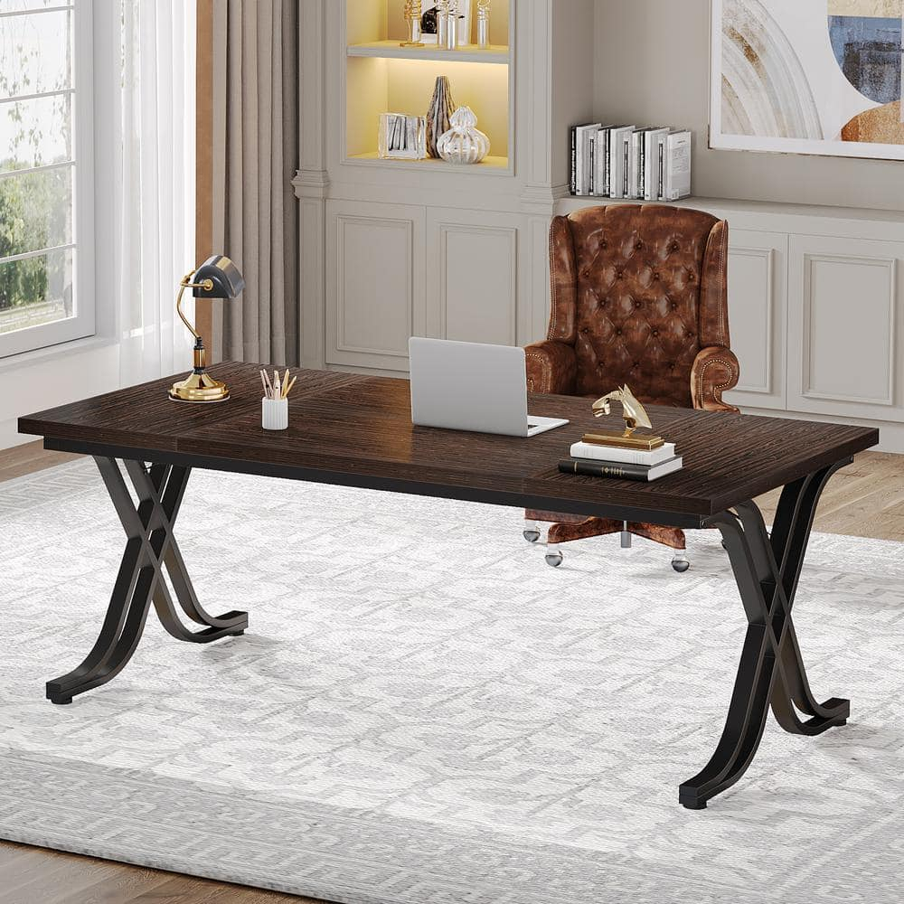 Tribesigns 63 Inch Executive Desk, Large Office Computer Desk with Thick Wooden Tabletop and Metal Frame, Modern Simple Workstation Writing Table Study Desk for Home Office, Walnut Brown