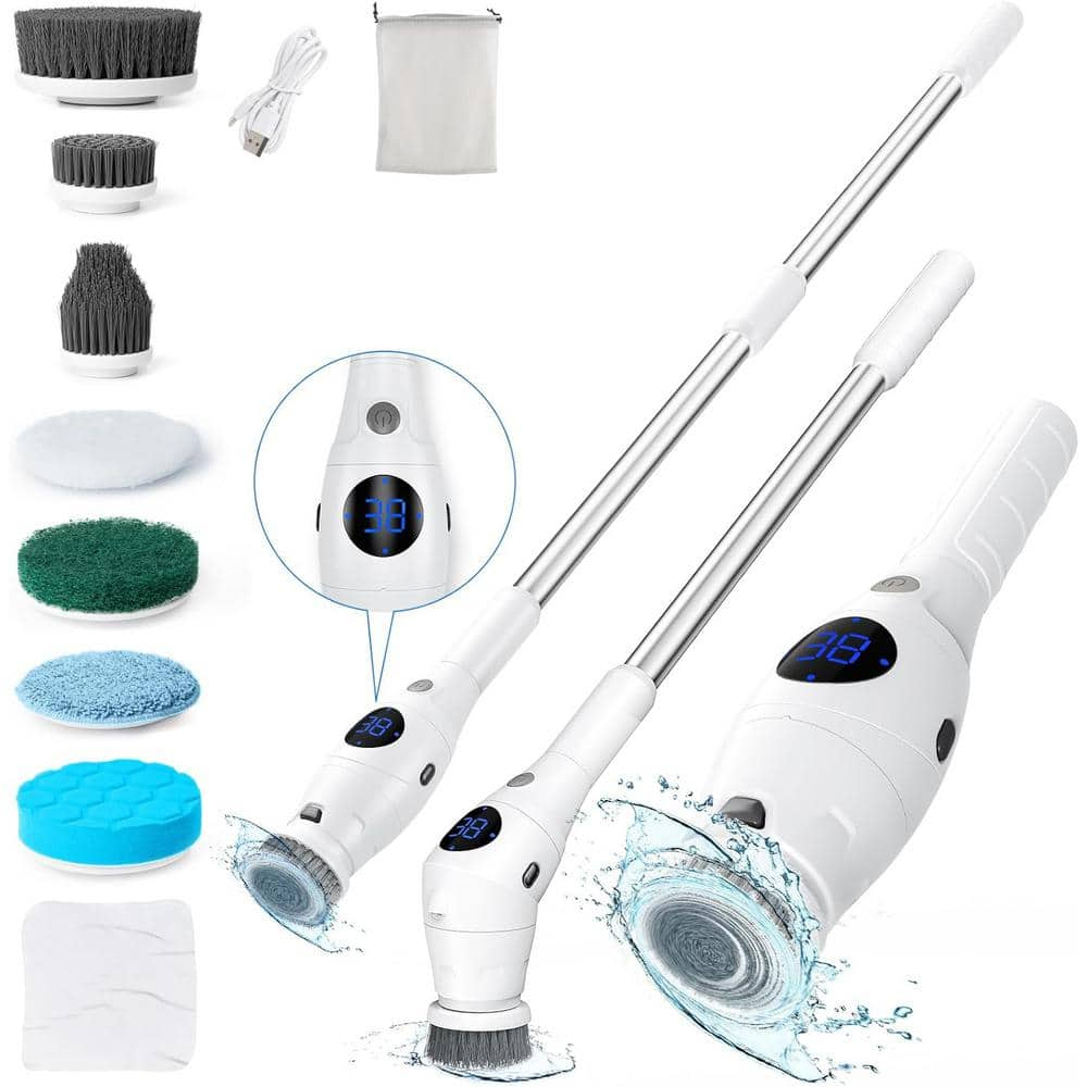 Electric Spin Scrubber with Light, Electric Cleaning Brush LCD 3 Adjustable Speeds Cordless Handheld Brush with 8 Replaceable Brush Head