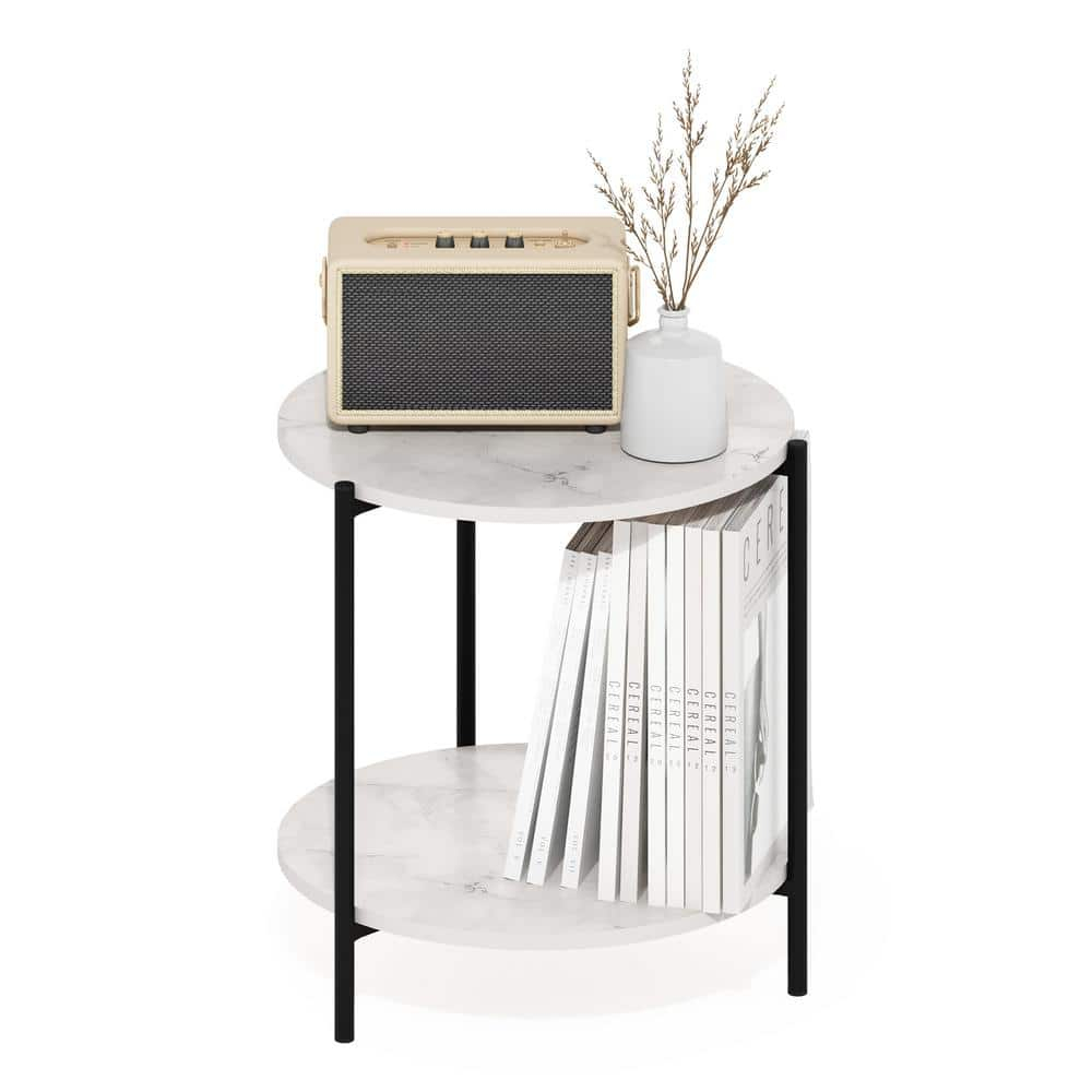Furinno Besi 2-Tier Modern Round Side End Table with Sturdy Metal Legs, Marble White
