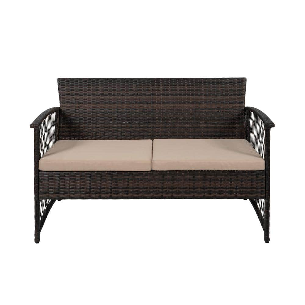 Westin Outdoor 4-Piece Rattan Wicker Patio Conversation Sofa Set with Cushions, Coffee/Beige