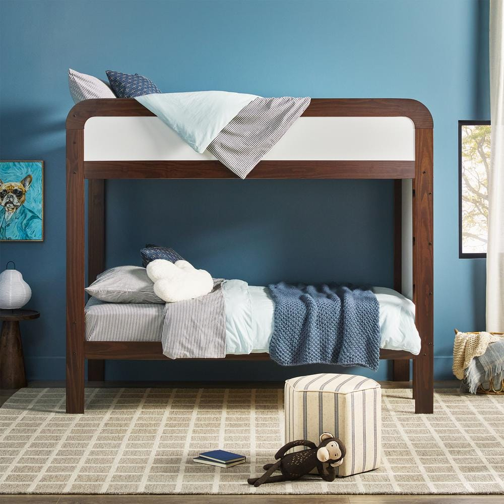 Walker Edison Contemporary Twin over Twin Wooden Bunk Bed with Ladder, Walnut