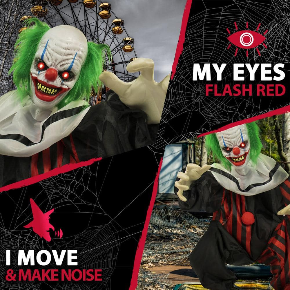 Haunted Hill Farm 32 In. Crouching Clown Creepy Animatronic with Lights and Sound, HHCLOWN-12FLSA