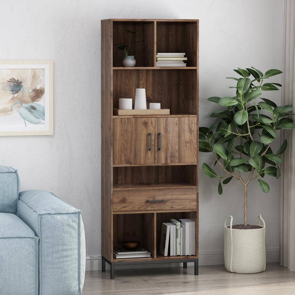 Noble House Briar Contemporary Faux Wood Cube Unit Bookcase, Walnut, Black