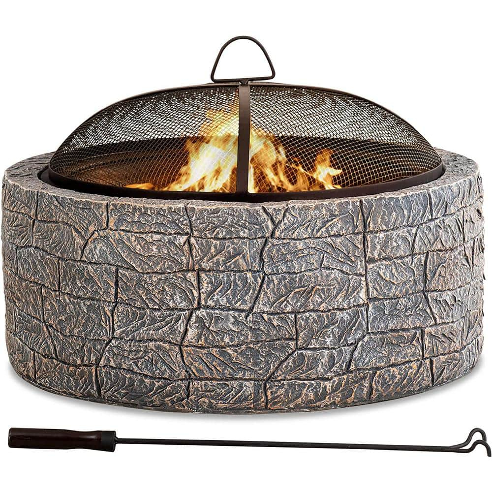 SUNJOY 26 Inch Stone Fire Pit, Patio Outdoor Round Wood Burning Fire Pits for Outside with Spark Screen and Poker, Stone Gray