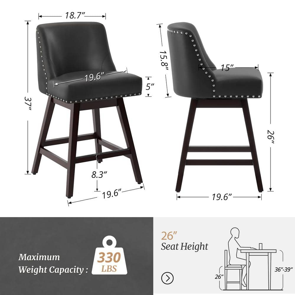 Dycanpo 26''H Swivel Counter Stools Set of 2 with Back Faux Leather for Home Kitchen Island, Black