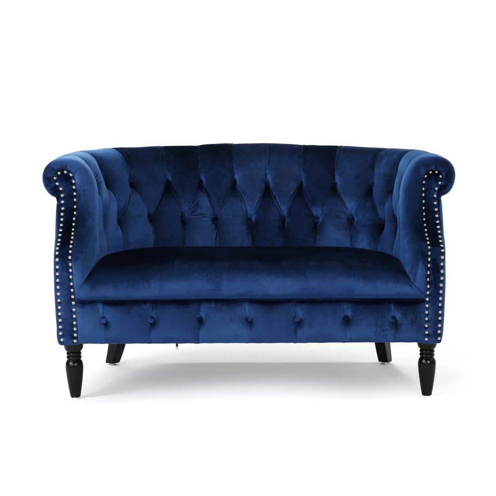 Noble House Myrna Chesterfield Velvet Loveseat with Scrolled Arms, Navy Blue