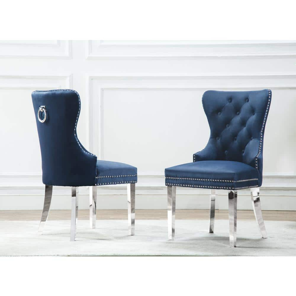 Tufted Navy Blue Velvet Side Chairs with Silver Stainless Steel (Set of 2)