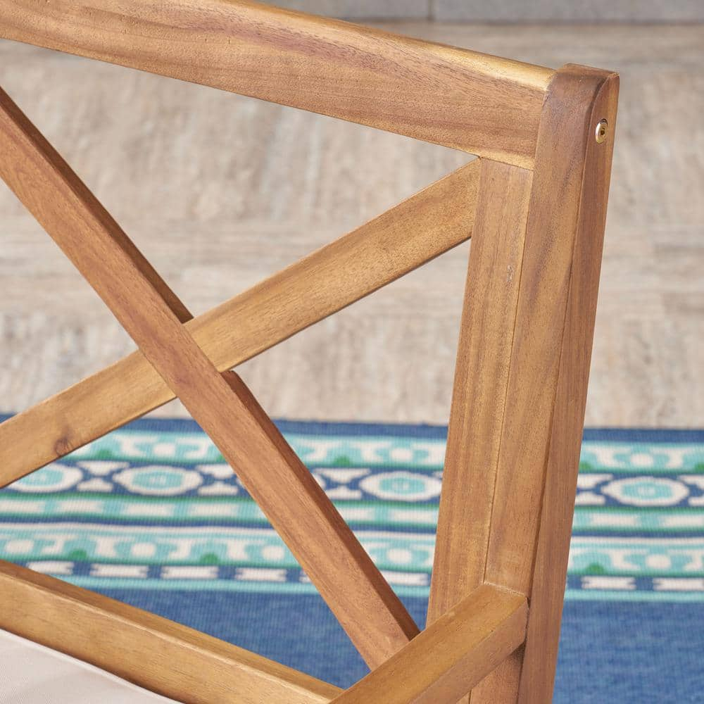 Perla Teak Brown Cross Back Wood Outdoor Patio Dining Chairs with Cream Cushions (2-Pack)