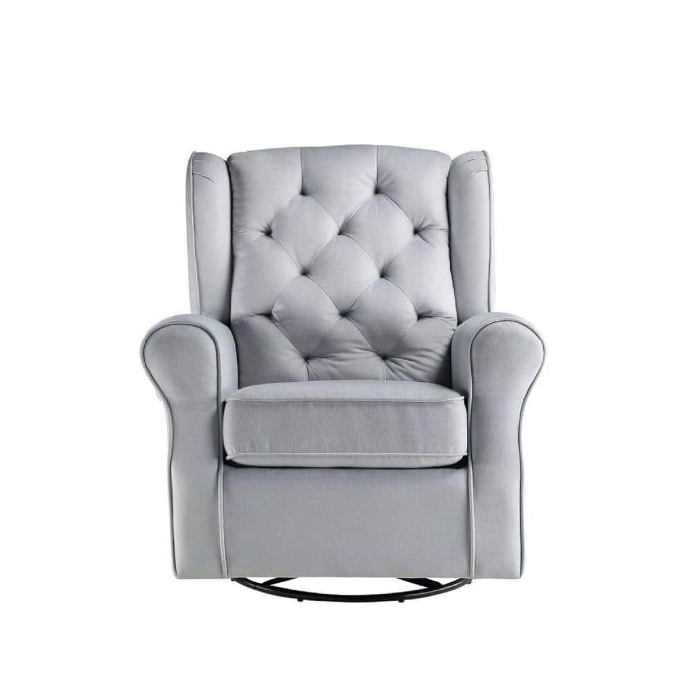 Gray Swivel Accent Chair with Wood Base, 35 Inch