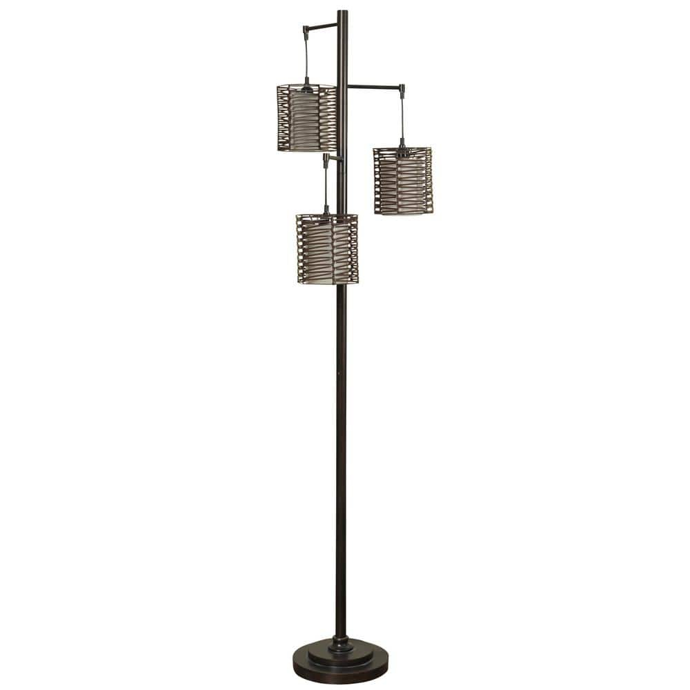 Contemporary Floor Lamp - Bronze Finish - Brown Rattan Hardback Fabric Shade