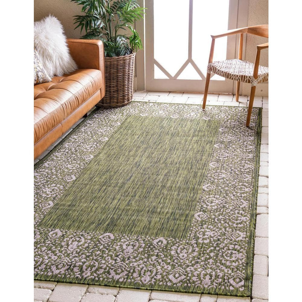 Unique Loom Outdoor Border Collection Area Rug - Floral Border (9' x 12' Rectangle Green/Ivory)