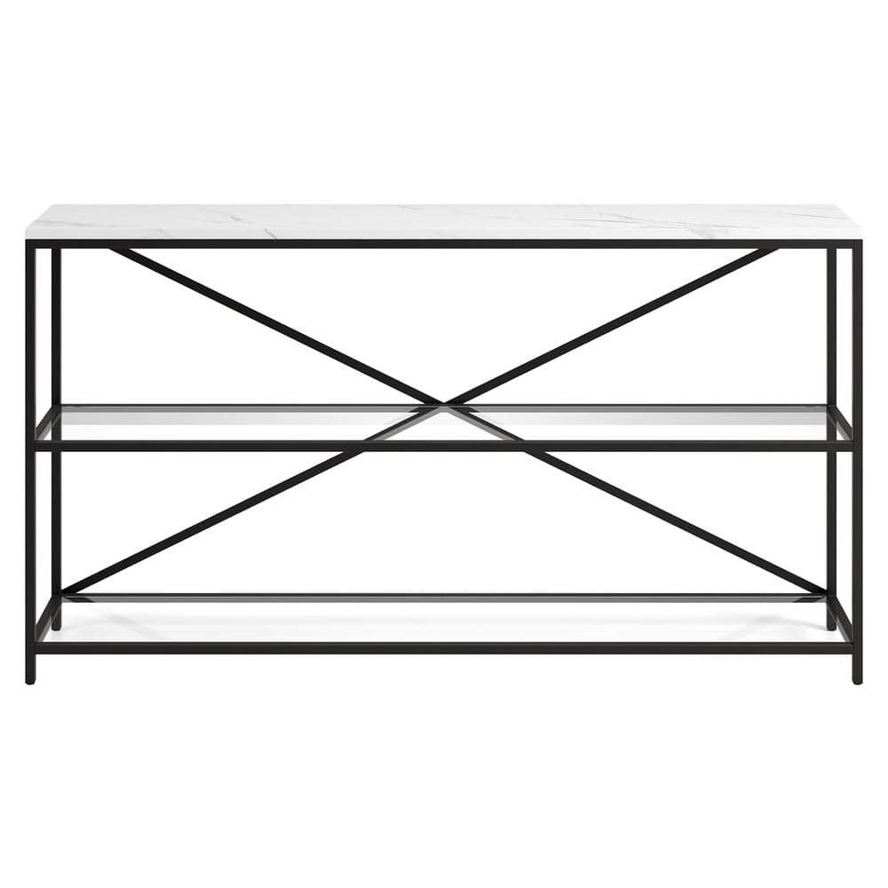 Evelyn&Zoe Fionn 55" Wide Rectangular Console Table with Faux Marble Top, Blackened Bronze