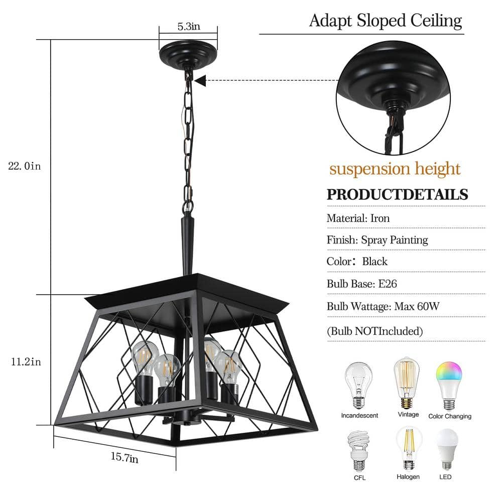4-Light Farmhouse Chandelier Pendant Vintage Antique Light Fixture for Kitchen Dining Room Living Room in Black
