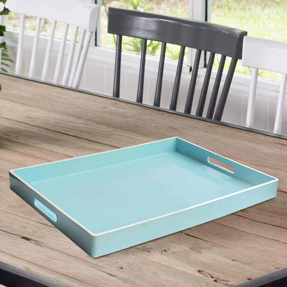 American Atelier, Teal with White Rim, Polypropylene Rectangular Serving Tray with Handles, 14X19"