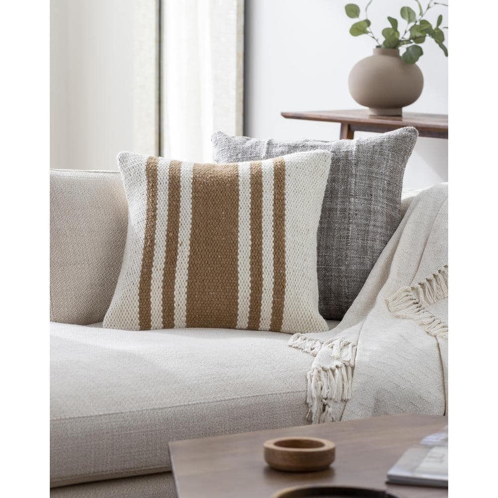 Brett 18" Round Light Brown and Off-White Cotton Linen Accent Pillow