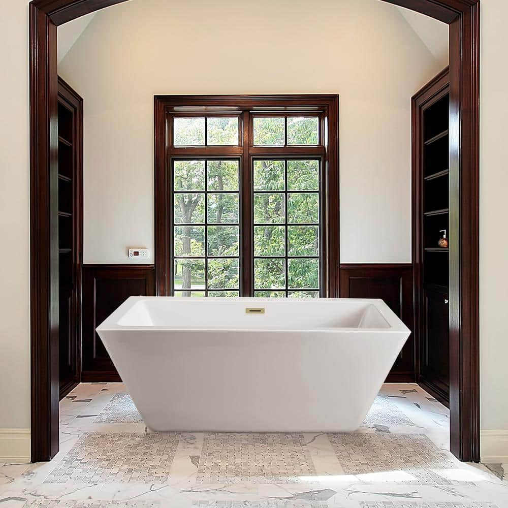 60" Streamline N320BBR Soaking Freestanding Tub and Tray With Internal Drain in Brushed Brass