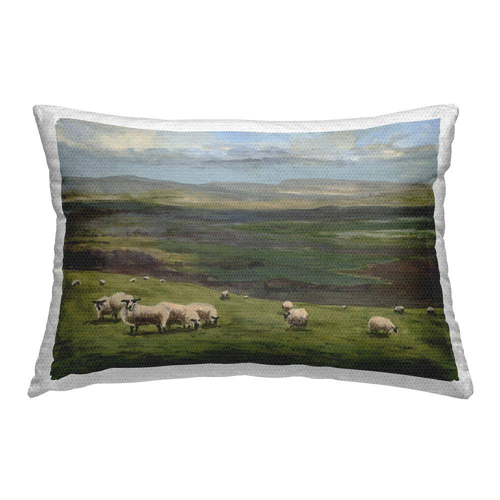 Green and Gray Rectangular Outdoor Throw Pillow with Sheep Design