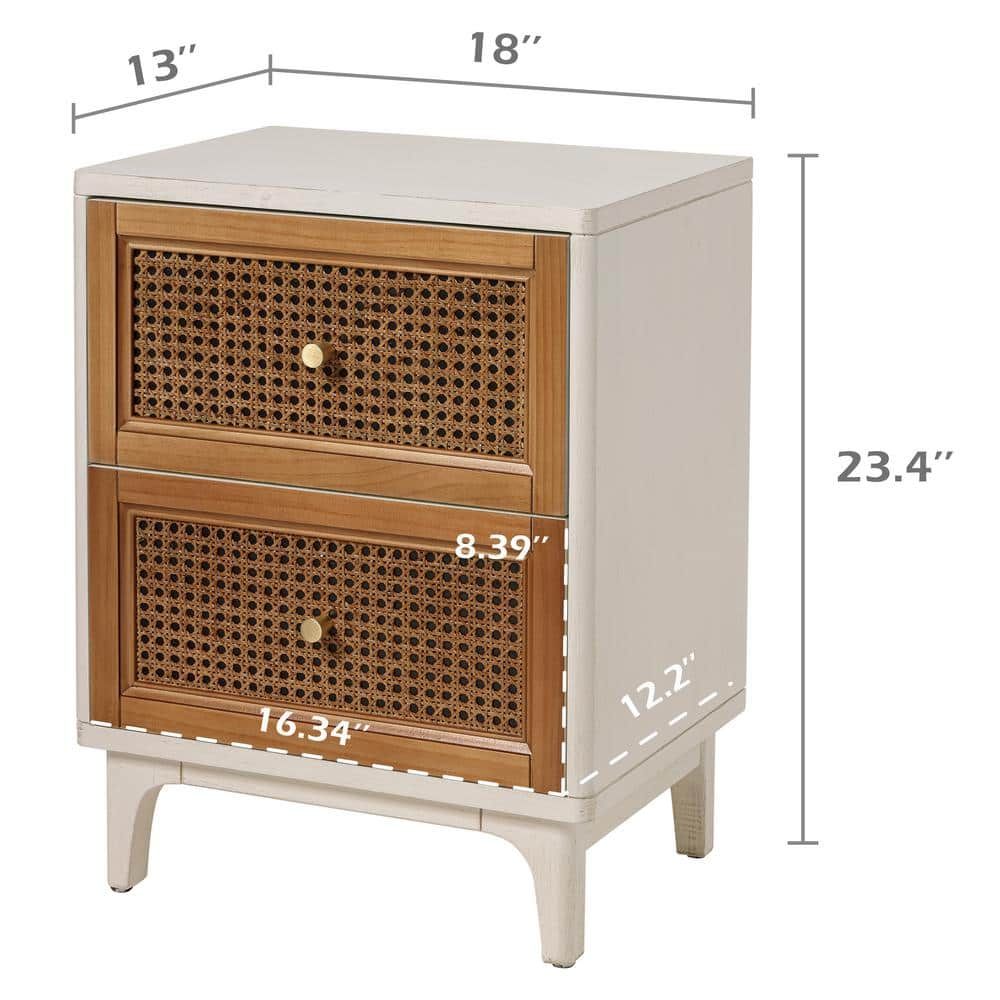 COZAYH 2-Drawer Woven Cane Front Accent Nightstand with Brass Knobs for Living Room, Hand-Scratched Aging Finish, Bedroom, White