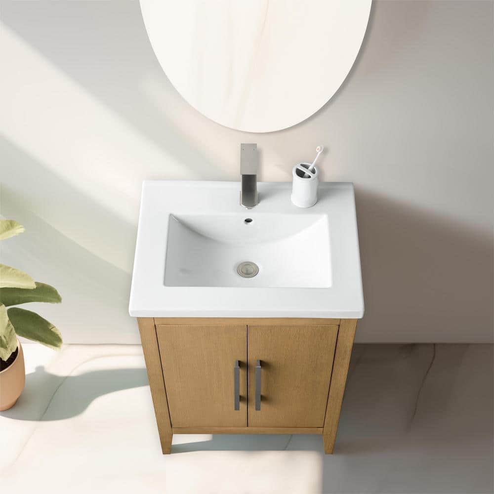 Natural Oak Single Sink Bathroom Vanity with Ceramic Top