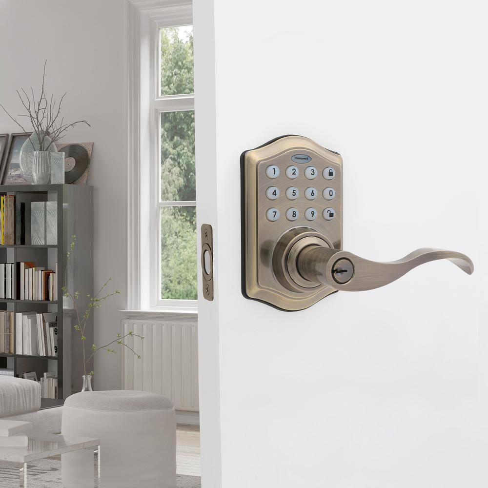 Honeywell Locks, Electronic Entry Lever Door Lock, Antique Brass, 8734101