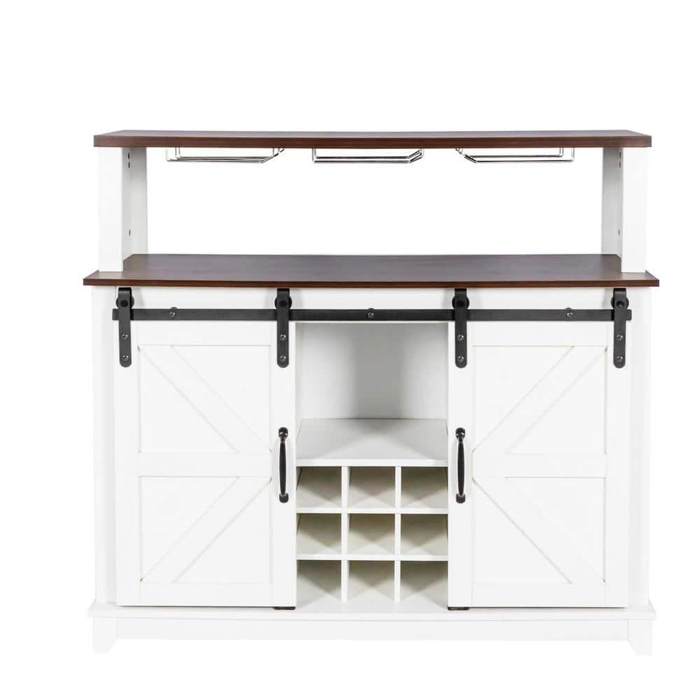 47.24 in. White and Dark Brown MDF Coffee Bar Wine Cabinet with Sliding Barn Door
