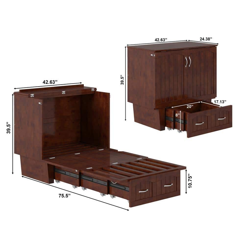 AFI Nantucket Twin Solid Wood Murphy Bed Chest with Mattress, Drawer & Charger, Walnut