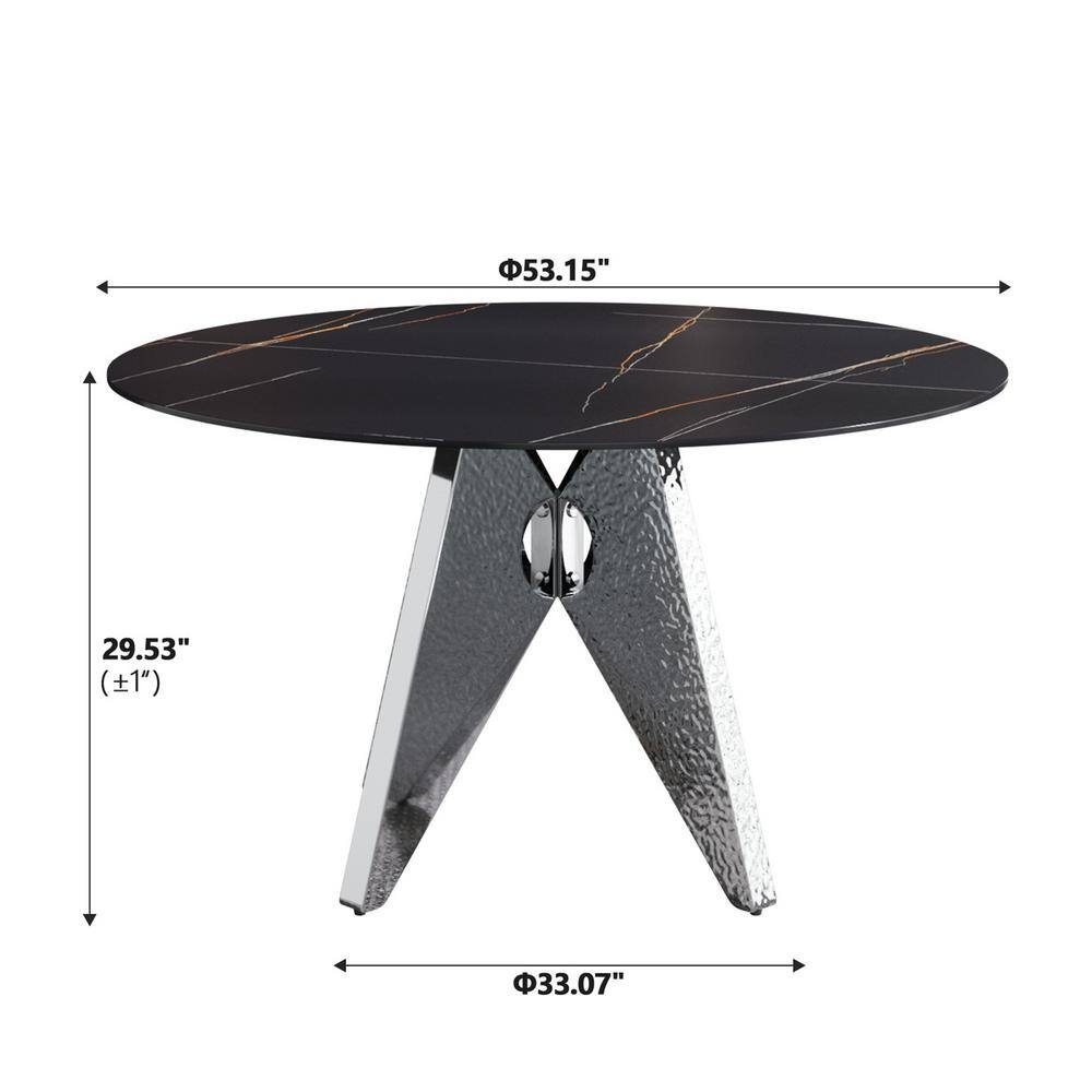 53.1 in. Black Round Sintered Stone Tabletop Silver Pedestal Base Kitchen Dining Table (Seats-6)