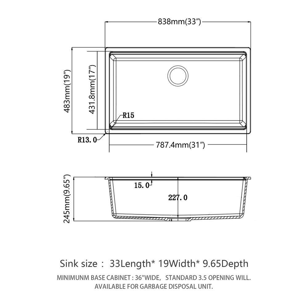 33 in. x 19 in. Undermount Kitchen Sink, 16-Gauge Granite Composite Workstation Sinks Single Bowl in Black