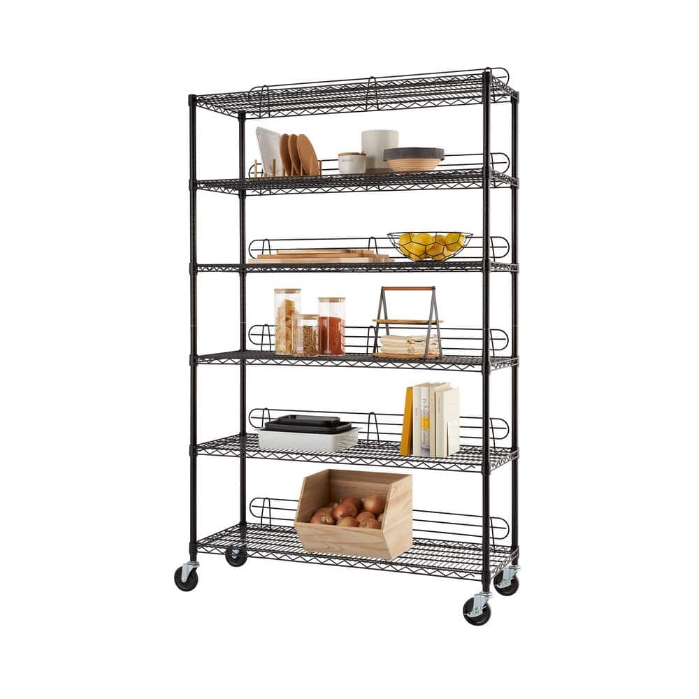 TRINITY 6-Tier 48x18x72 Commercial Wire Shelving w/ Backstands & Wheels, NSF - Black