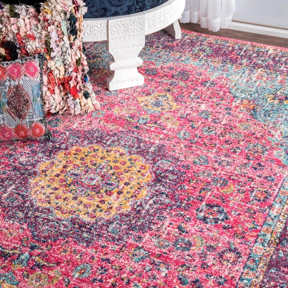 Vintage Elegance 9' x 12' Pink Synthetic Oval Area Rug
