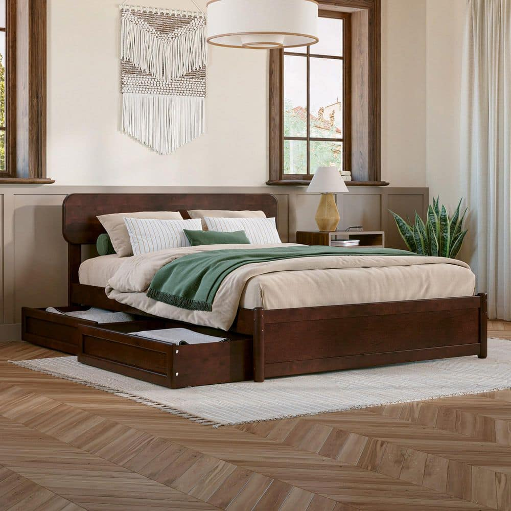 AFI Capri Full Solid Wood Platform Bed with Panel Footboard and Storage Drawers, Walnut