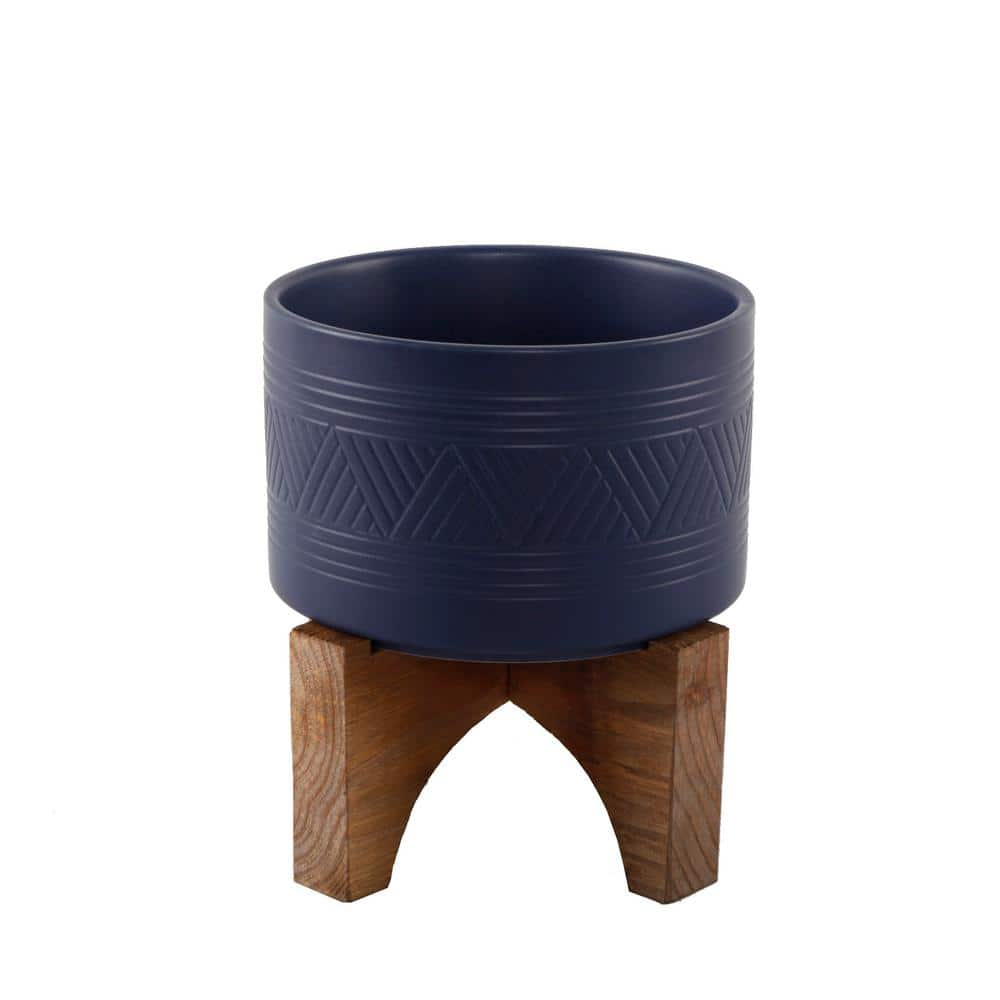 Flora Bunda CT871E-MTNV 7' Mountain Ceramic Planter on Wood Stand,Matte Navy