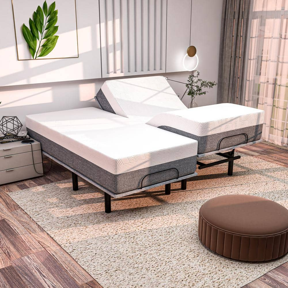 Renanim Serenityflex Adjustable Base & Hybrid Mattress – Split King-Size Adjustable Base with 12 in. Cooling Gel Mattress, Massage, USB Ports, Remote & Under-Bed Light – Reclining Electric Bed Frame