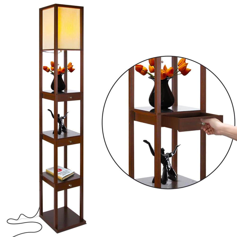 Maxwell 72 in. Havana Brown Traditional 1-Light LED Energy Efficient 3-Drawer Floor Lamp with Beige Fabric Square Shade