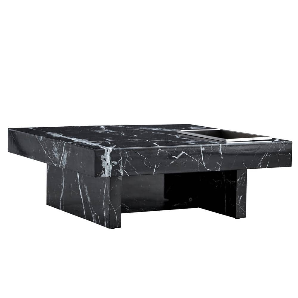 Sudica Compact Marble Coffee Table, 31" Square Center Table with Stainless Steel Storage for Living Room(Black)