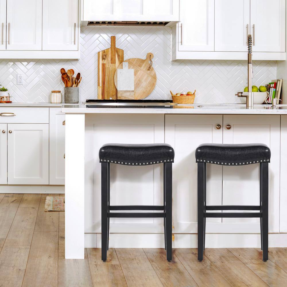 Westin Outdoor Yazan 29" Upholstered Counter Stool with Nail Head Trim (Set of 2), Black/Leather
