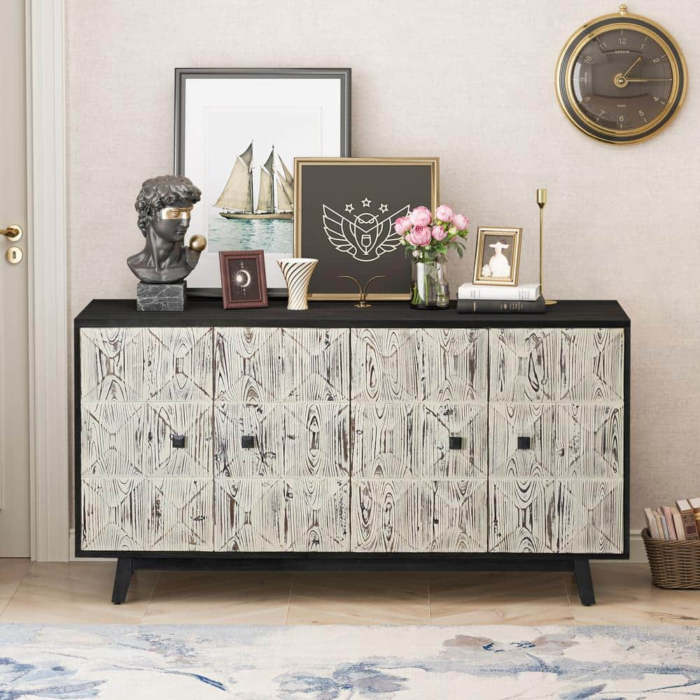 59.84 in. Black and White Elm Wood Vintage Sideboard Cabinet