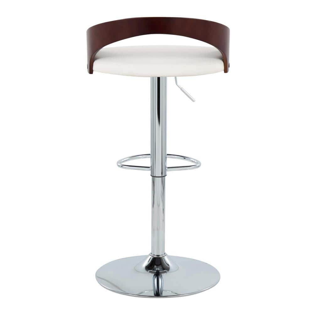 Grotto Mid-Century Modern Adjustable Height Barstool with Swivel in Chrome Metal, Cherry Wood and White Faux Leather with Oval Footrest by LumiSource - Set of 2