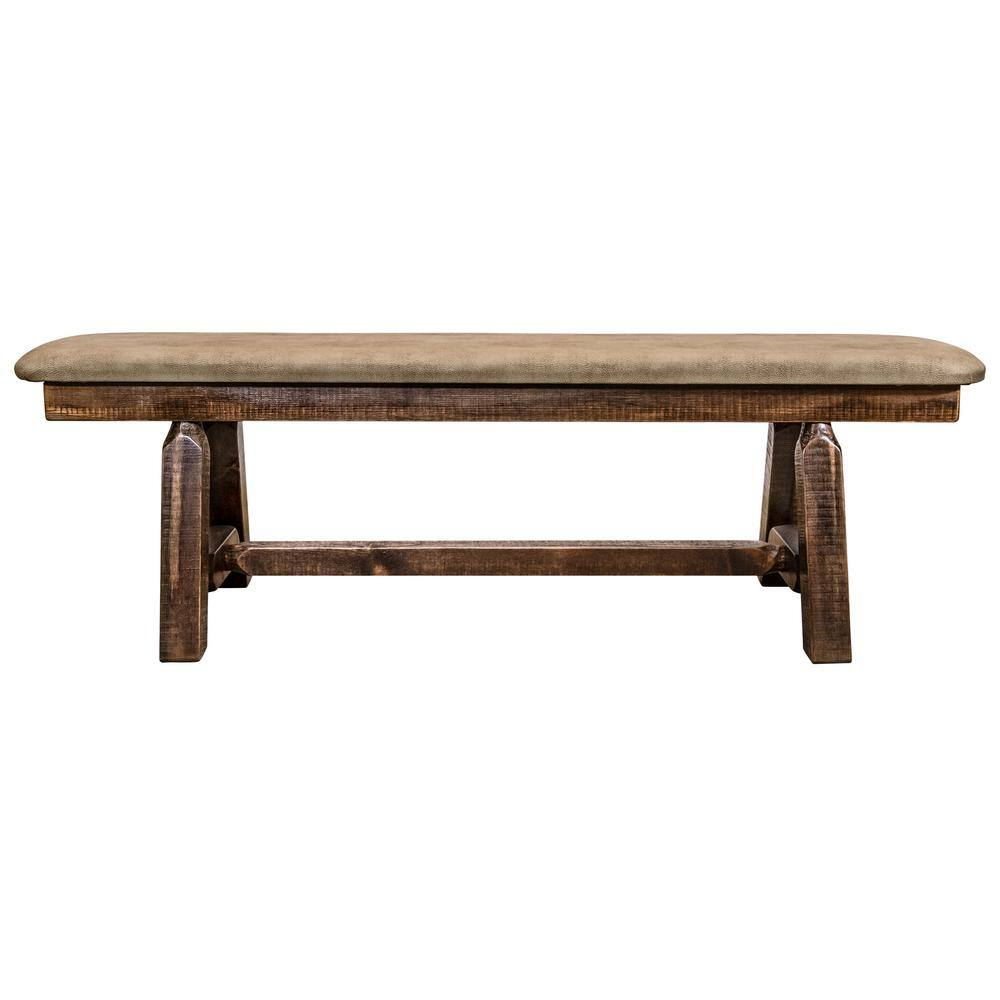 Homestead Collection 18 in. H Brown Wooden Bench with Buckskin Pattern Upholstered Seat, 5 ft. Length